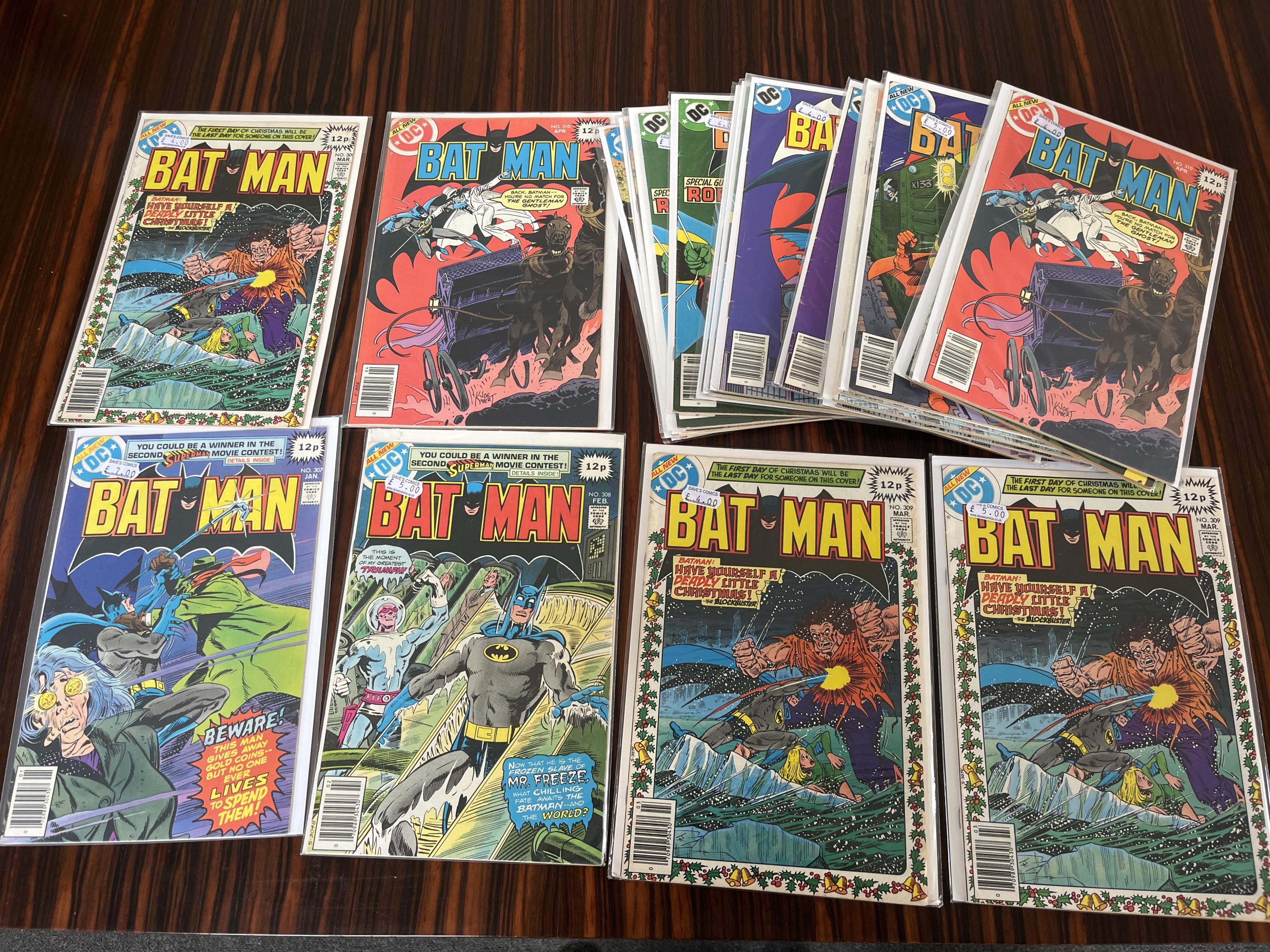 Batman, DC comics, Vol. 1, 1977-1979, 43 issues between #284–318, comprising, #284A, #285A, #295, #297A x2, #297B, #298A x4, #299A x4, #301A, #302A x2, #302C, #303A, #304, #305A, #306C x2, #307C [minor key], #308C [minor